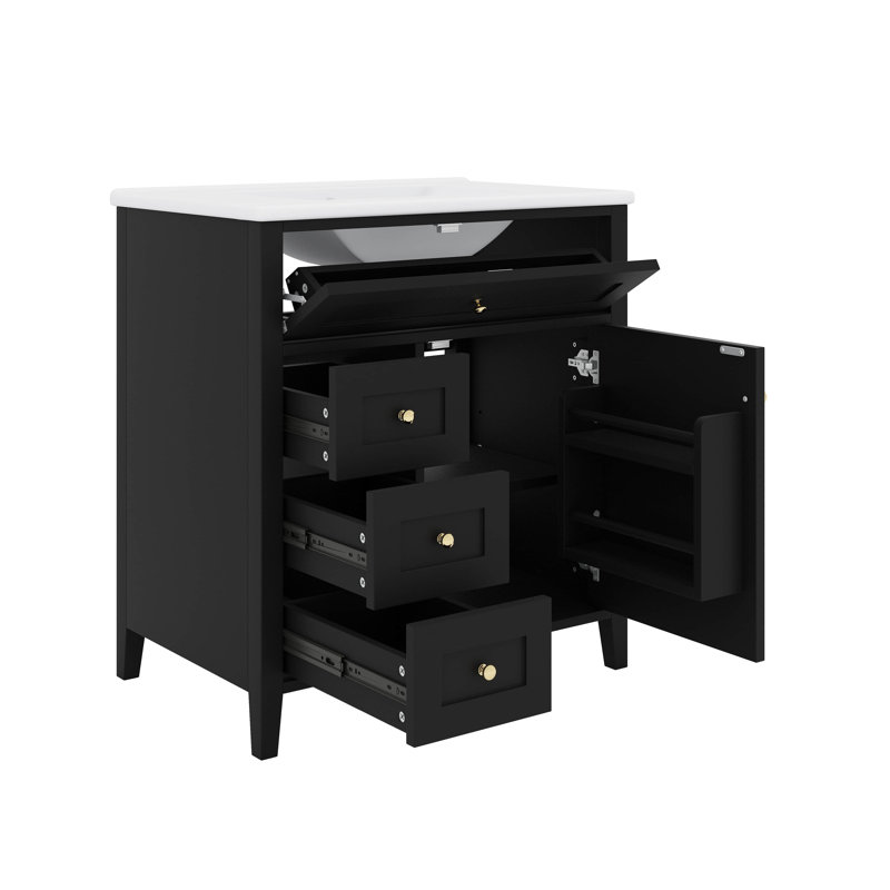 30-Inch Independent Bathroom Vanity With Sink, 3 Left-Side Drawers, Right Cabinet With Adjustable Shelves, Black