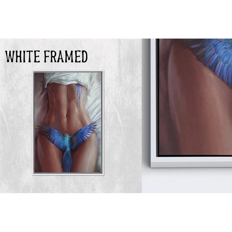 Elegant Naked Woman with Blue Bird Printed Canvas Artwork,1P WhiteFramedCanvas, H: 43.4 x W:31.6 inches