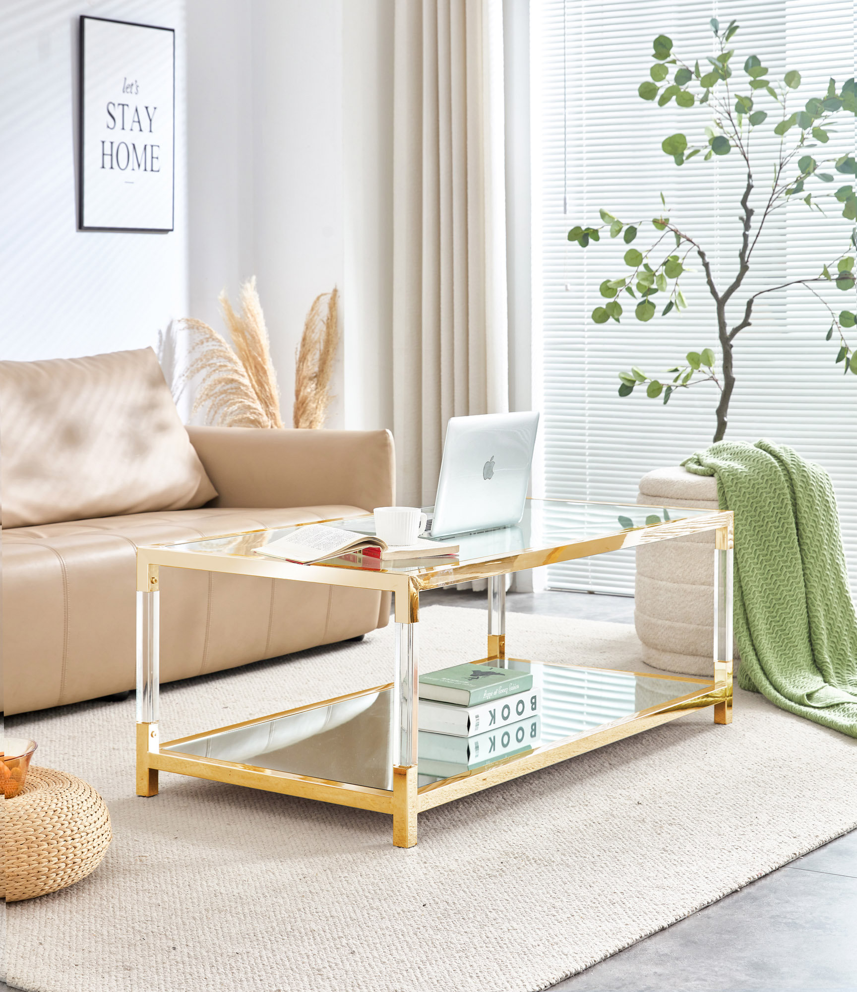 Everly Quinn Stainless Steel Coffee Table With Acrylic Frame And Clear ...