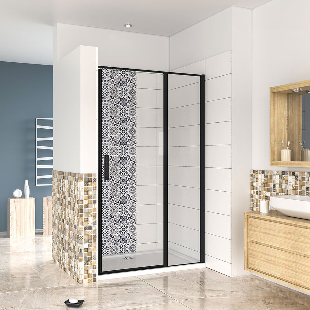 1200X1850mm BLACK Frame Pivot Shower Door With 1200X900mm Shower Tray Waste