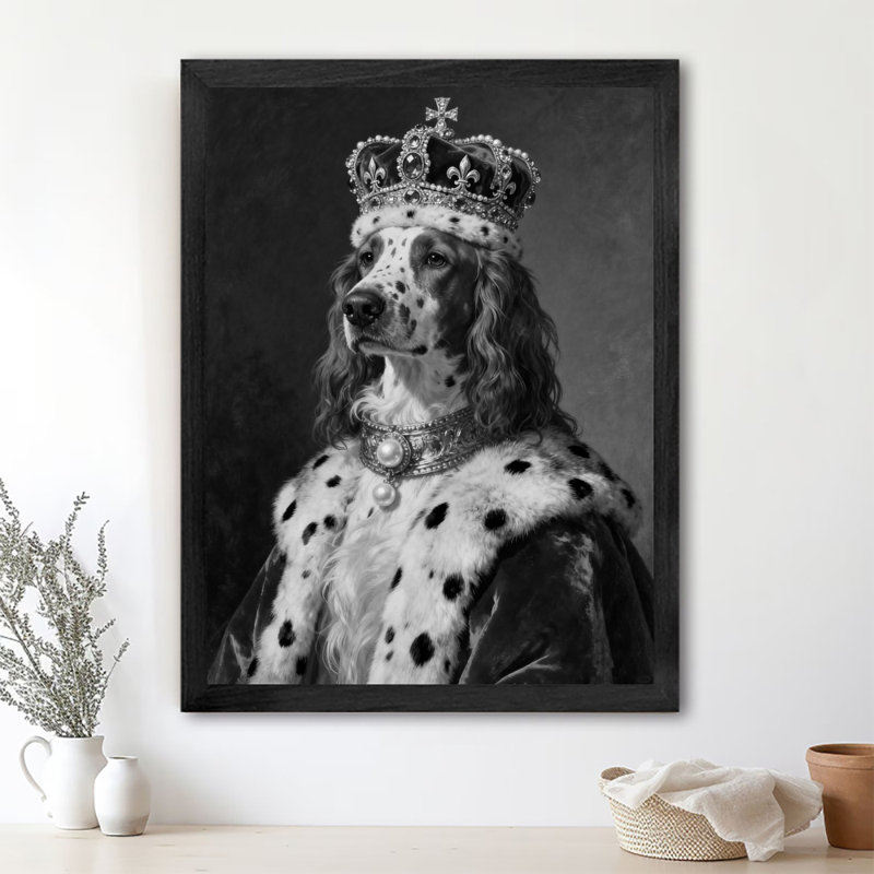 Art encadré noir rétro avec un chien portant une couronne, H 17 po x l 13 po