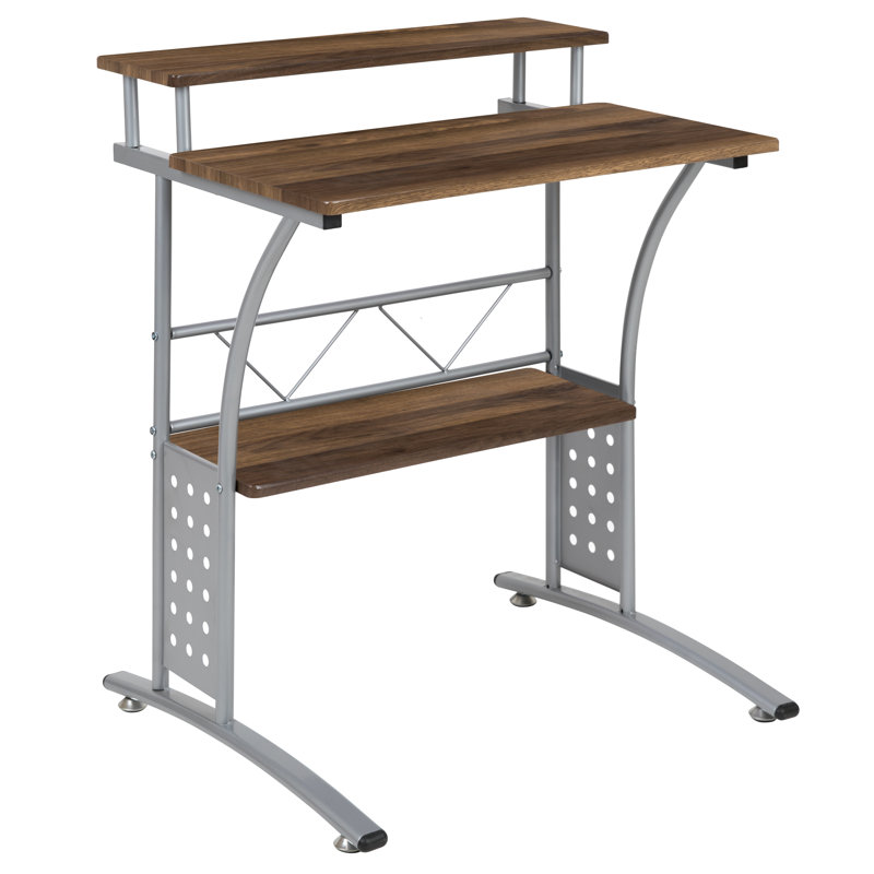 Bureau d'ordinateur Raith avec tablettes supérieures et inférieures, Noyer rustique