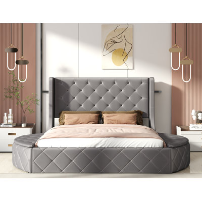 Lit plateforme tapissier en velours avec rangement et grand lit