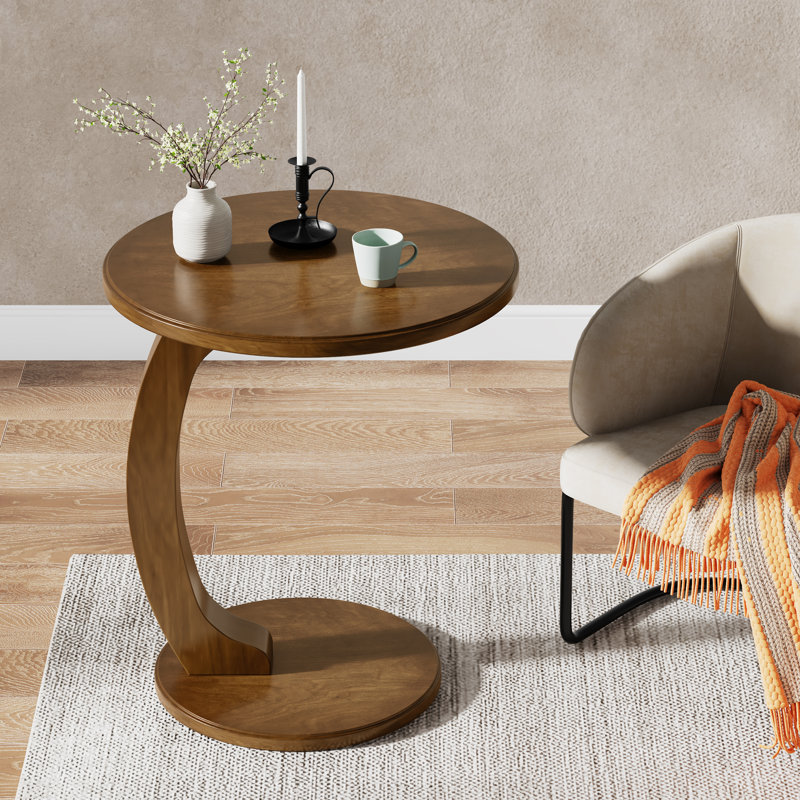 Table de bout ronde en bois massif en forme de C, Noyer