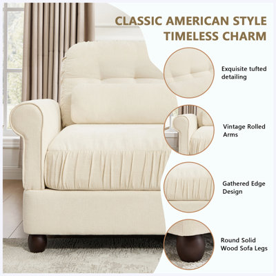 Canapé d'angle modulaire deux places en chenille avec deux poufs, bordure à volants et accoudoirs arrondis, beige