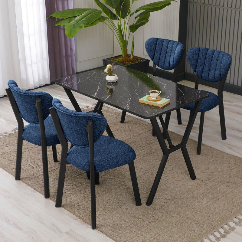 Ensemble de table et chaises de salle à manger moderne extensible (5 pièces), bleu marine et noir, 43,3 po x 29,1 po x 27,6 po | Panneau de particules 100% mélaminé, épaisseur de 0,7 pouce | Structure en métal durable, tissu en lin, parfait pour les espaces de salle à manger élégants