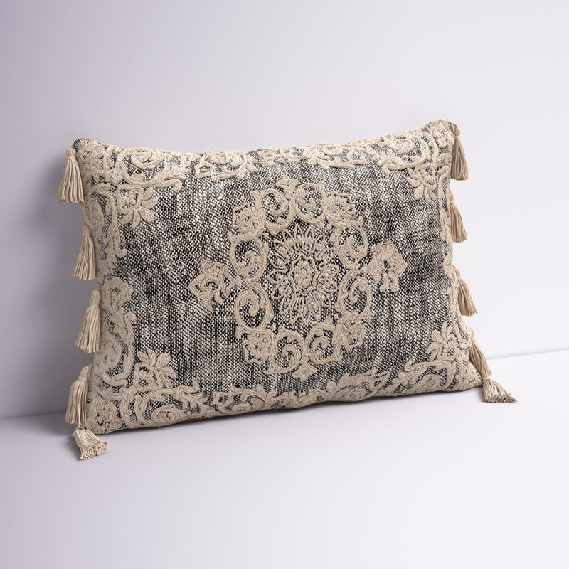 Gray and Beige Embroidered Rectangular Lumbar Pillow