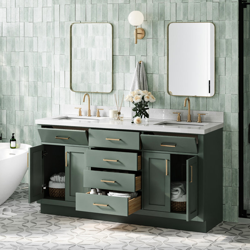 Ohlson 66'' Solid Wood Double Bathroom Vanity with 1.5'' White Quartz Top, Oval Sinks, Rectangular