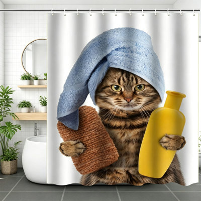 Shower Curtain with 12 Hooks, Funny Cat Cartoon Animal Print, 72x72 Inch Waterproof Fabric Bathroom Curtain, Machine Washable Home Decor