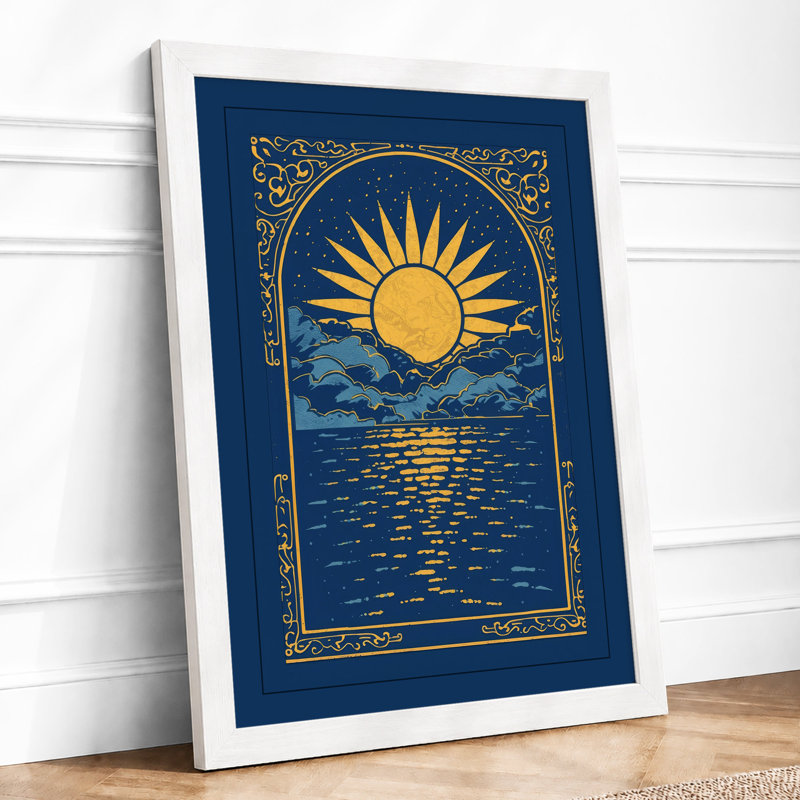 Golden Sun Over Water Art Deco - Framed Print, A2 - 59.4 x 42.0 cm, White