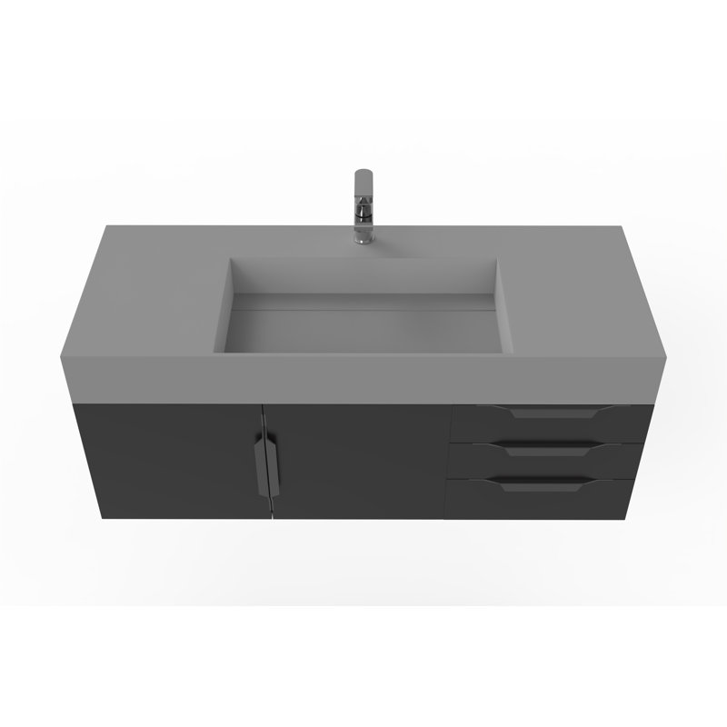 Meuble-lavabo mural simple 48 po avec comptoir à surface solide 48 po, gris, Noir, Noir