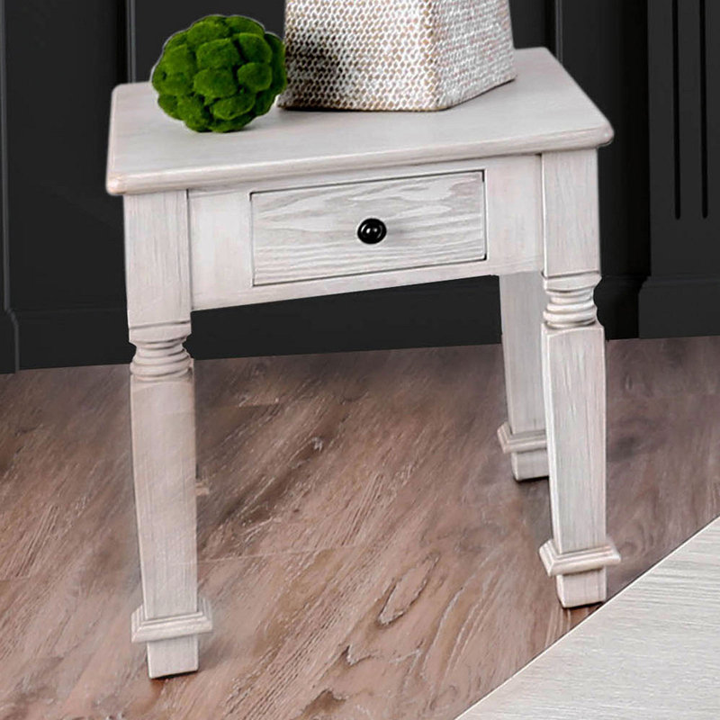 Table de bout de style transitionnel au fini blanc antique avec tiroir et table basse style pieds tournés - non incluse