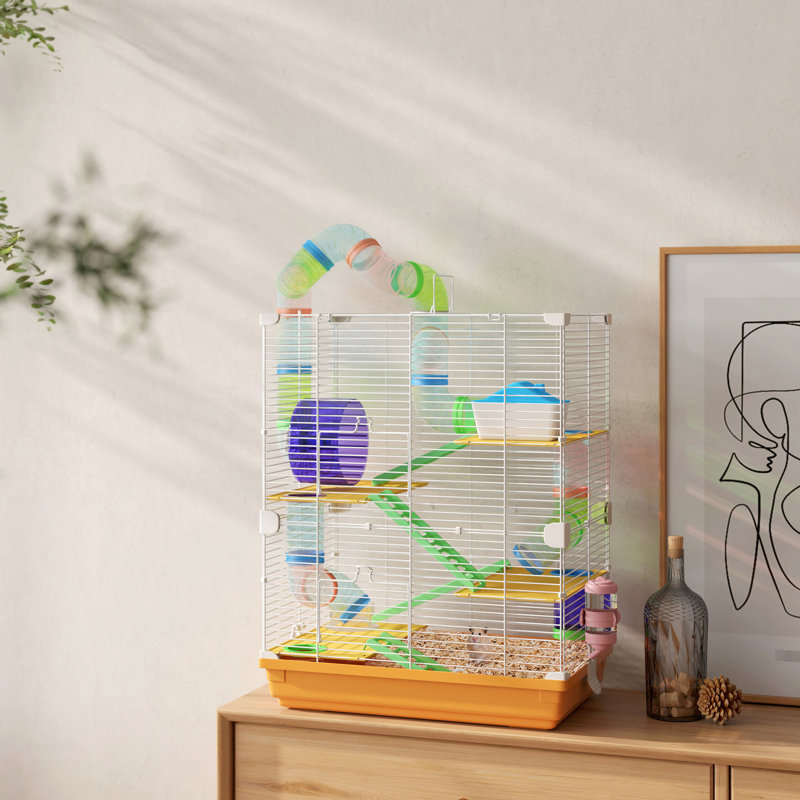 Résidence de hamster orange à 5 niveaux avec tubes, tunnels, poignée portative, plat à nourriture, bouteille d'eau, roue d'exercice pour petits hamsters et enceinte orange de 18 po