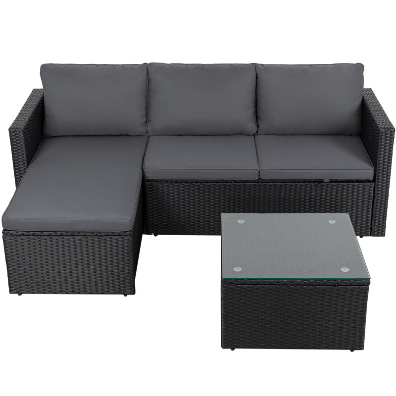 3-Piece Outdoor Sofa Set With Glass Table, Gray
