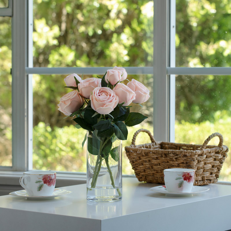 Light Pink Silk Rose Arrangement in Clear Glass Vase