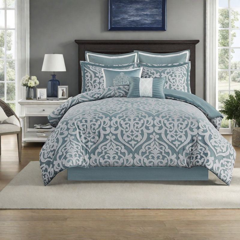Ensemble de literie de luxe en jacquard 8 pièces, polyester argenté turquoise, damas élégant pour un confort toute l'année