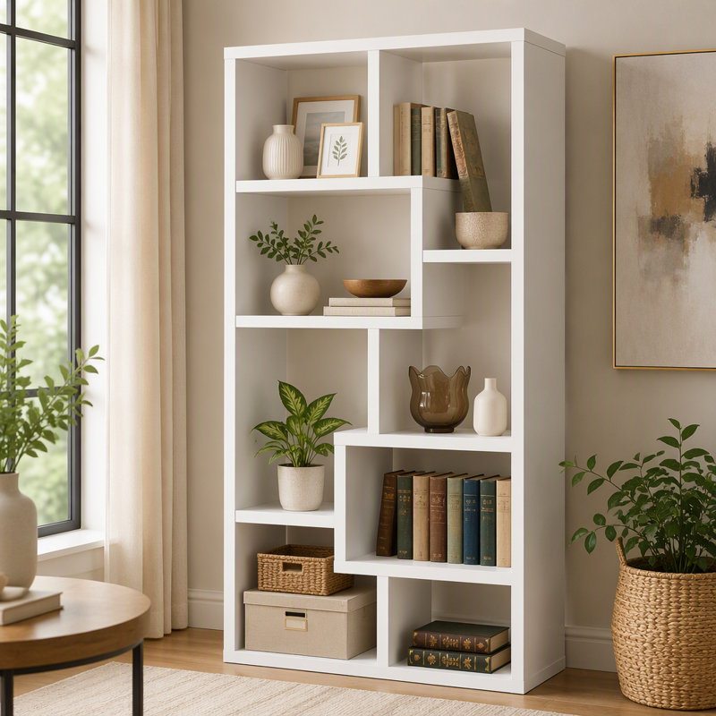 8-shelf White Geometric Bookcase