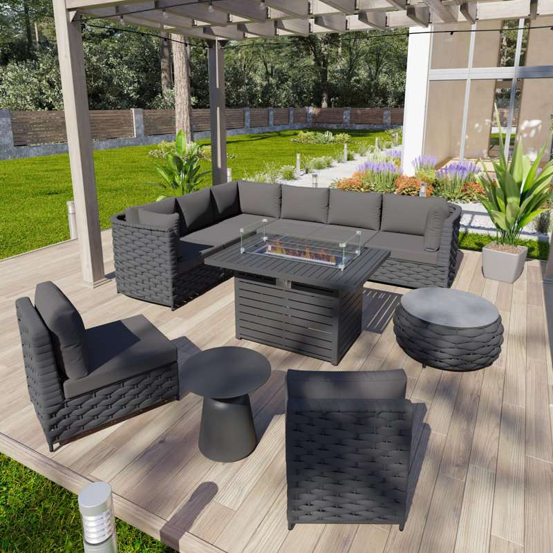Ensemble de conversation d'extérieur à structure en aluminium pour 8 personnes et 8 personnes avec foyer, coussins de table basse et coussins Clayman