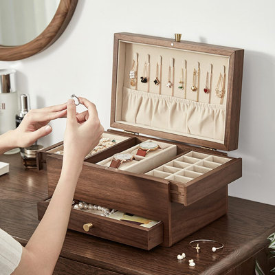 Wooden Jewelry Box For Women - 3-Tier Multi-Functional Drawer Organizer With Hidden Compartments For Rings, Necklaces, Watches, Bracelets & Earrings,