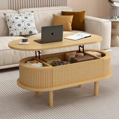Table basse cannelée à plateau relevable avec compartiment caché, table centrale en bois, plateau de table ovale moderne pour bureau de salon à domicile