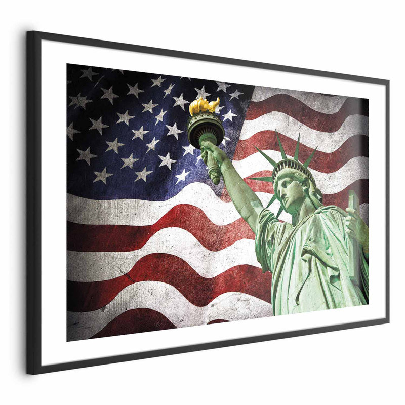 Framed Poster - Statue and flag, 11.69" H x 16.54" W, Black Single Picture Framed