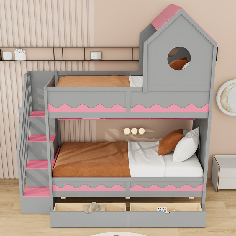Lit superposé simple au-dessus de simple avec éclairage à DEL personnalisable et tiroirs, Gris