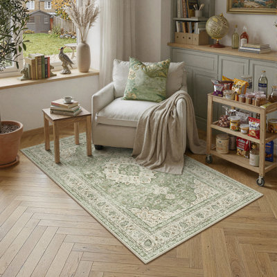 Stella Oriental Beige Area Rug with Non-Slip Backing & Roll-Pack Design
