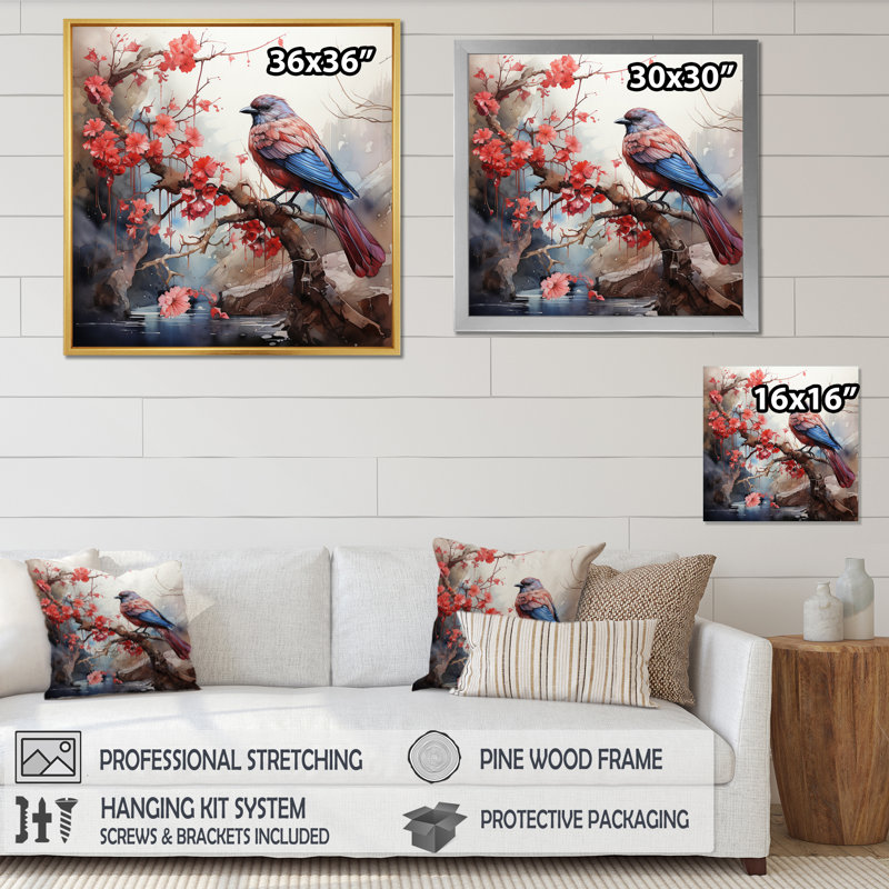 " Blue Jay On Blossom Cherry I ", 36" H x 36" W x 1.5" D, Wrapped Canvas