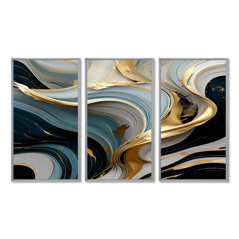 Future Tide Sunshine Reflection - Abstract Modern Waves Wall Art Set, 28" H x 36" W x 1" D, Silver Floater Framed