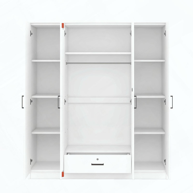Garde-robe 4 portes avec tiroir, tablettes et rail suspendu, design moderne