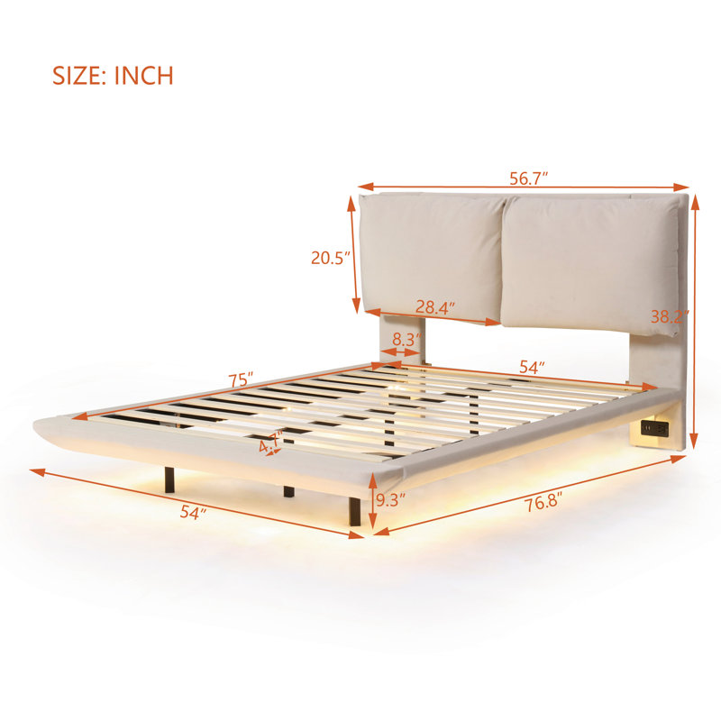 Structure de lit plateforme tapissier avec lumières DEL et ports USB, Beige, Grand lit