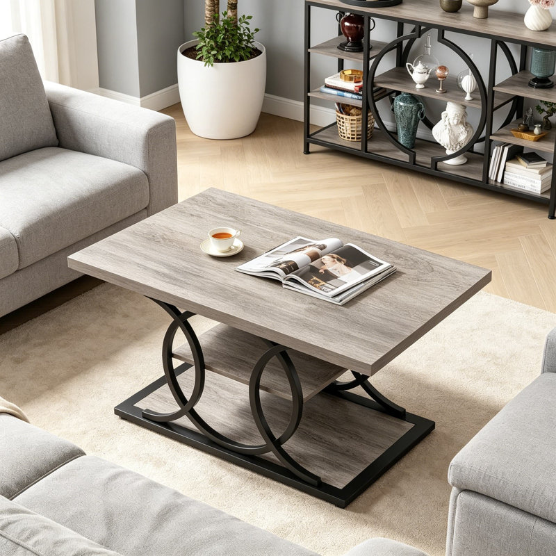 Table basse rustique avec rangement, table centrale industrielle à 3 niveaux pour le salon, table basse rectangulaire en bois de style campagnard, conception pleine lune
