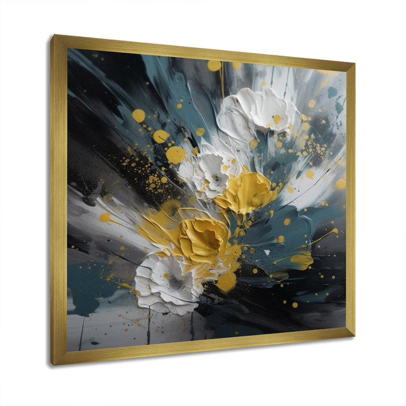 Jaune et blanc, jacinthe, paysage II sur toile, Encadrement doré, H 24 po x l 24 po x P 1 po