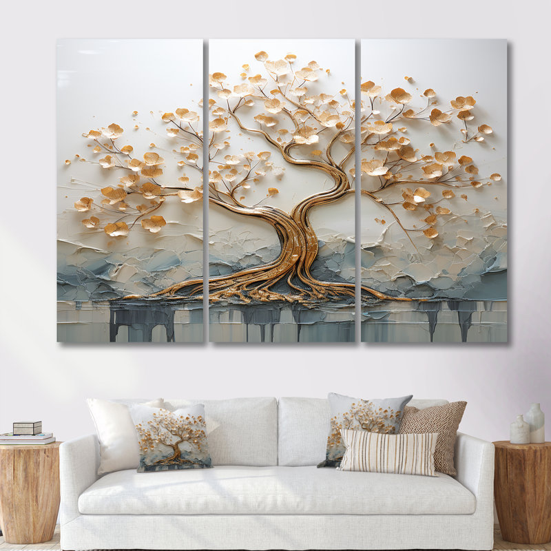 Arbre doré dans un lac au début du printemps I - ensemble d'art mural arbre, Toile tendue, H 28 po x l 36 po x P 1 po