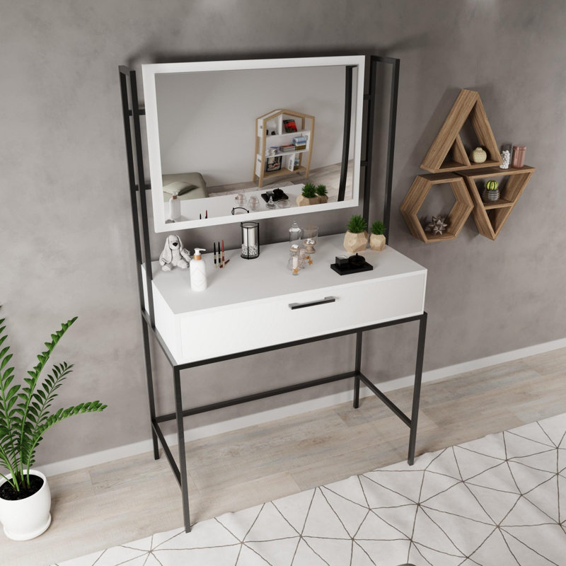 Aliona Dressing Table with Mirror, White/Black
