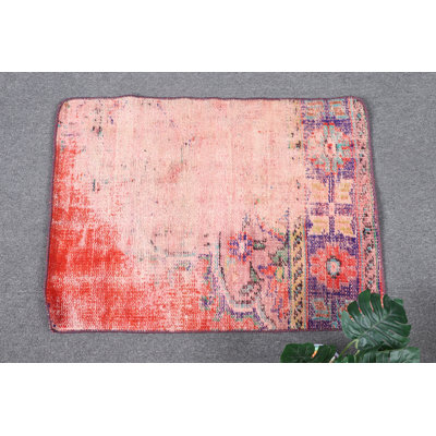 Traditional Turkish Small Wool Rug Ideal For Front Door Or Bathroom With Faded Oushak Design In Red