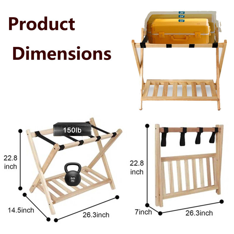 Porte-bagages pliable en bois avec tablette, Naturel, Ensemble de 2