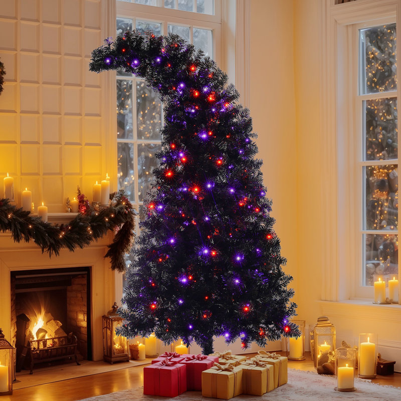 Arbre de Noël illuminé 6 pi avec 250 lumières DEL, forme incurvée et base en métal, arbre de Noël artificiel à charnières, noir