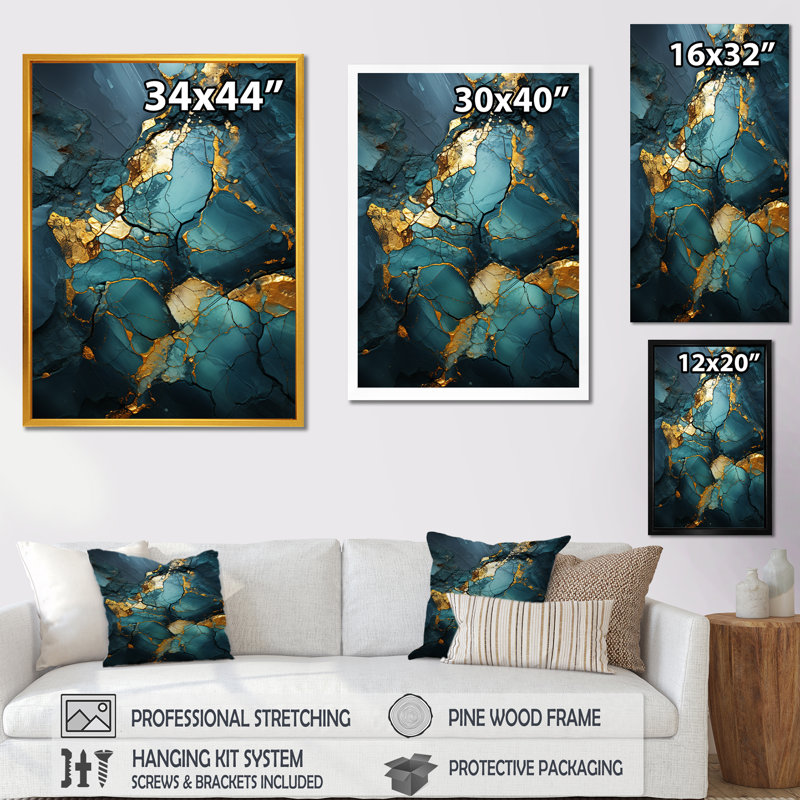 Or et vert motif de marbre abstrait IV - décoration murale en marbre, Cadre flottant noir, H 40 po x l 30 po x P 1,5 po