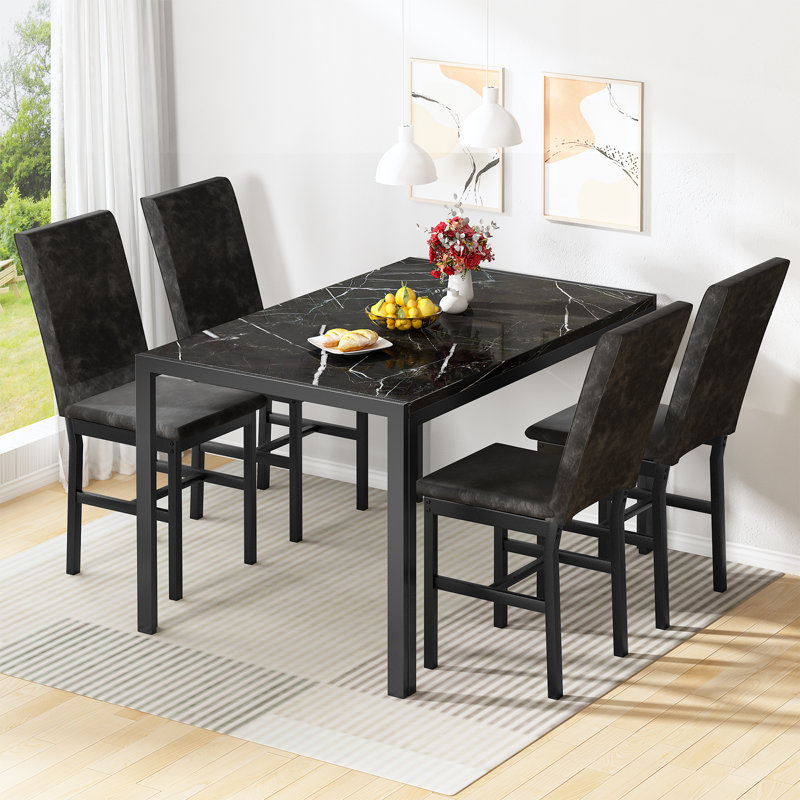 Dining Table Set For 4, Faux Marble Kitchen Table With Uphosltered Dining Chairs, 5-Piece Dining Table Set, Space-Saving Design Dinette Set for Home Furniture Kitchen Restaurant