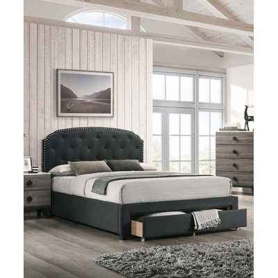 Lit de lit simple en tissu de jute gris anthracite avec rangement de tête de lit capitonné