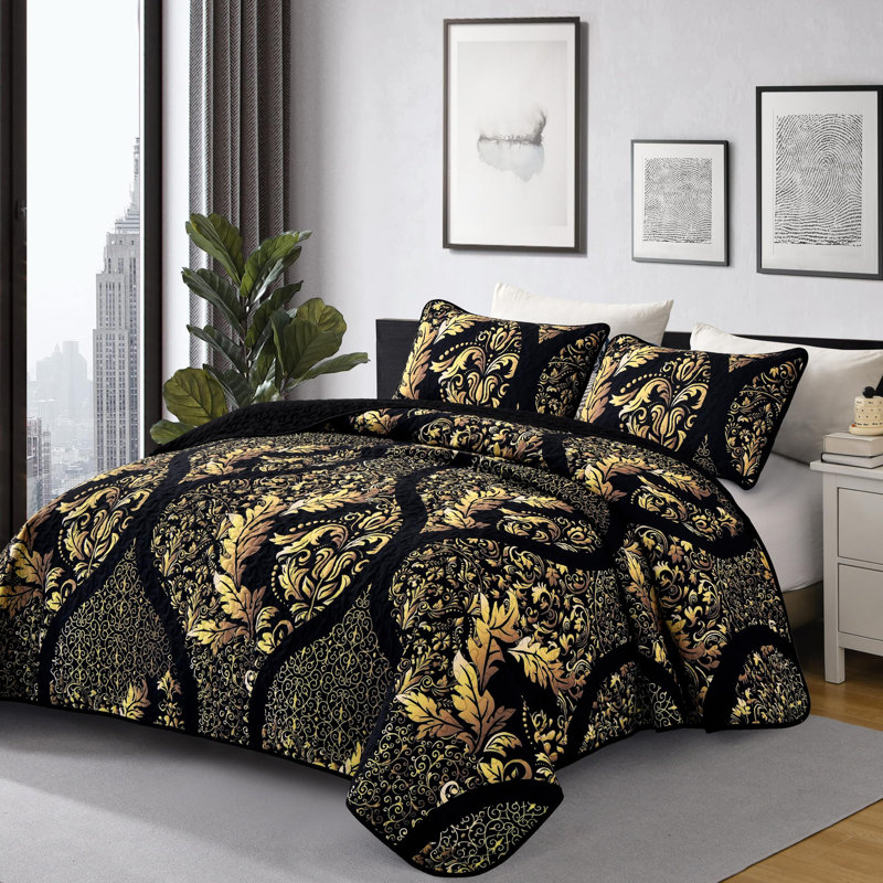 Ensemble de couvre-lit 3 pièces Boho, Courtepointe pour très grand lit et 2 taies d'ore, Noir et or