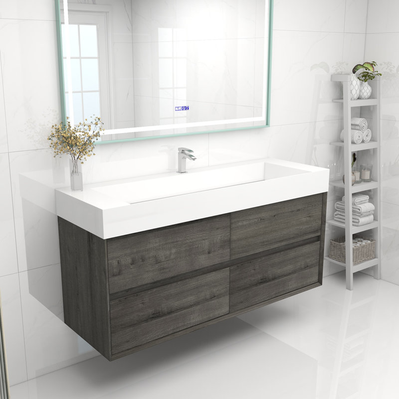 Meuble-lavabo mural simple 60 po, Chêne fumé