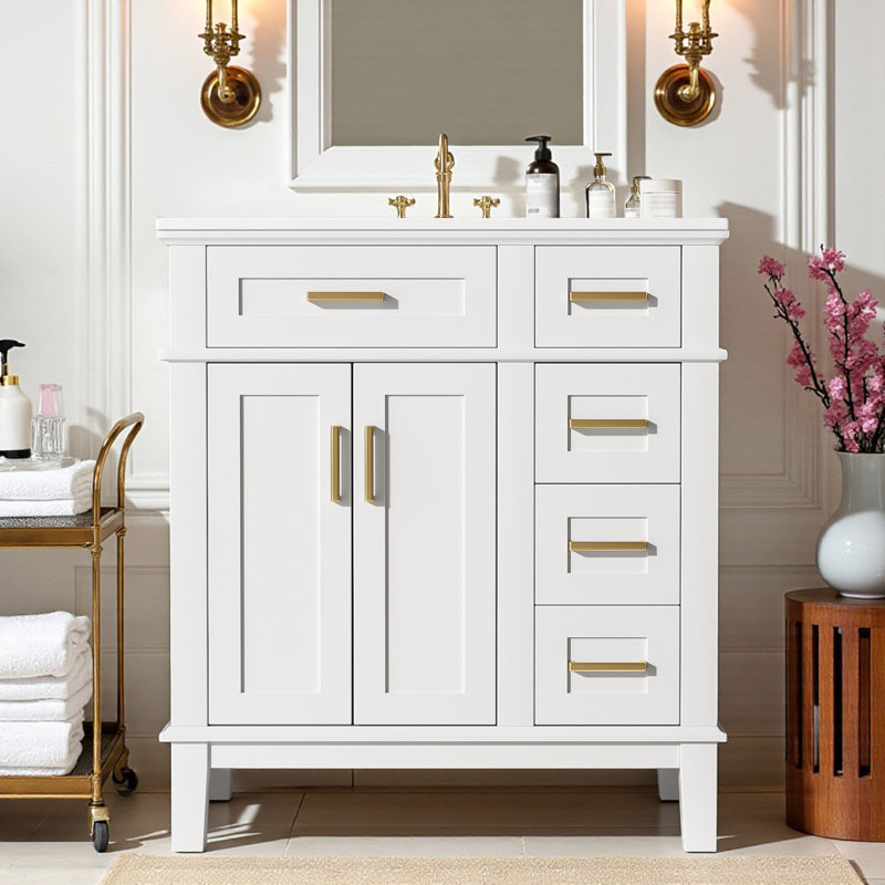 30" Single Bathroom Vanity With Ceramic Top, Gold, White