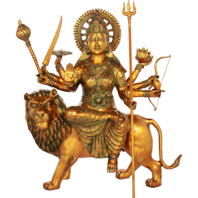 Statue de Durga en laiton fabriquée à la main 36 po sur lion | Grande sculpture de divinités indiennes | Décoration indienne et art spirituel