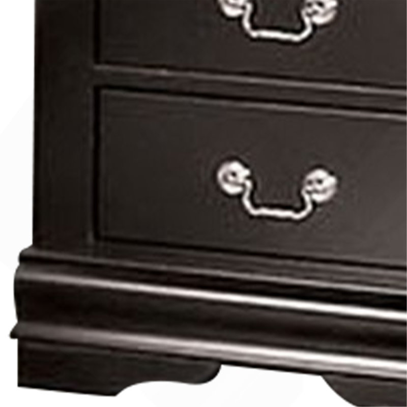 Ryla Nightstand, 2 Drawers, Black Solid Wood, Nickel Metal Drop Handles, Nickel