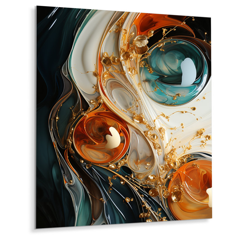 Tempête d'encre blanche blanche, bleue et orange VI - Art mural abstrait en métal, H 20 po x l 12 po x P 1 po