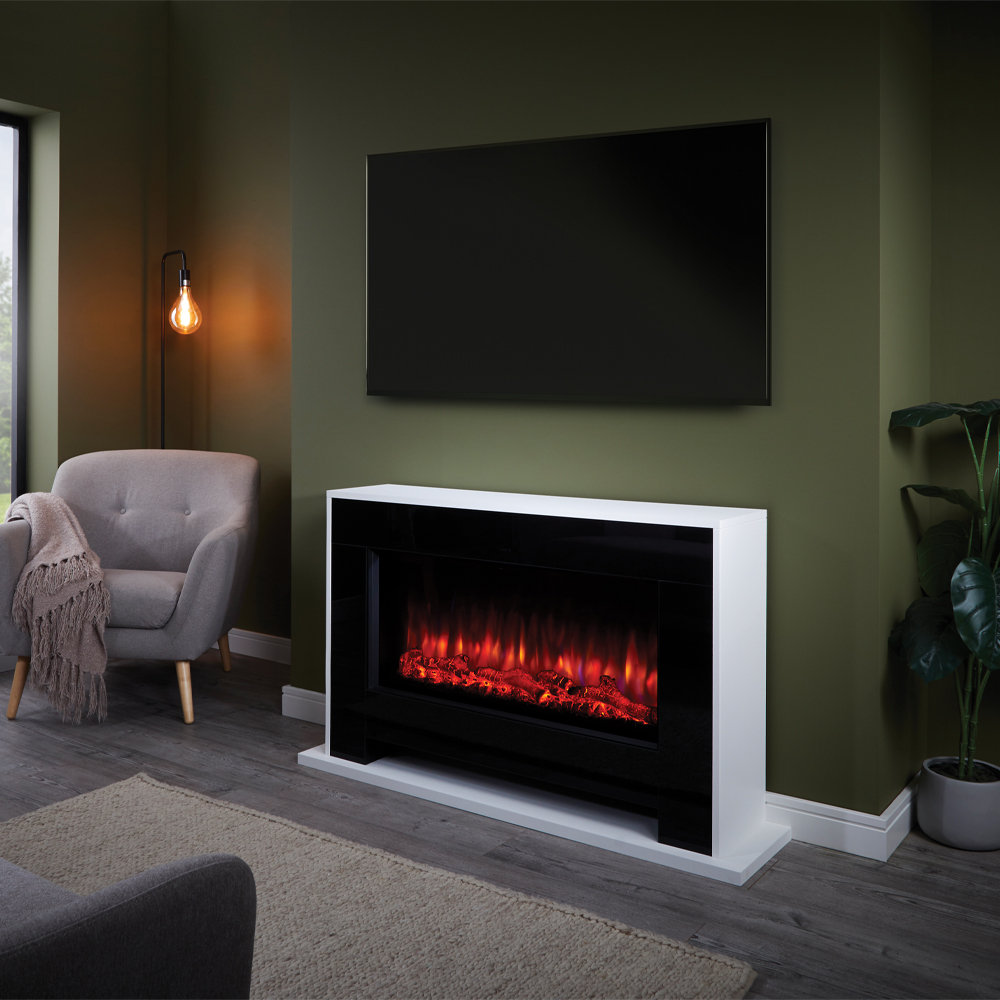 B&Q - Nebraska Black & White Stone Effect GlassMdf & Metal Freestanding Electric Fire Suite - Image 2
