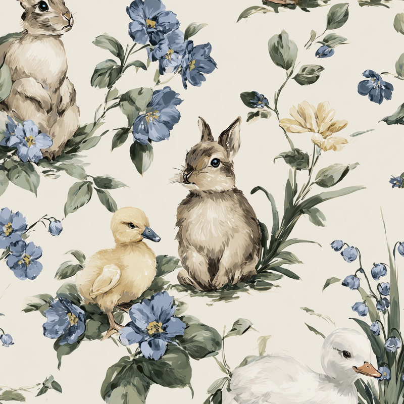 Papier peint rétro avec motif de lapins amovibles, Non tissé, non collé