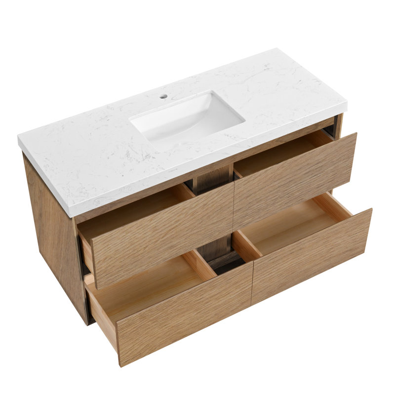48 Inch Wall-Mounted Bath Vanity  With Engineered Marble Top, Natural wood